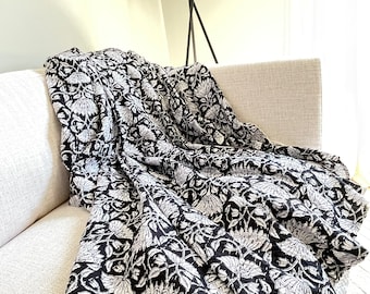 Hand Crafted Kantha Cotton Quilt Black and White Floral Block Print Throw Blanket Bedding (Pillow & Cushion cover available in all sizes)