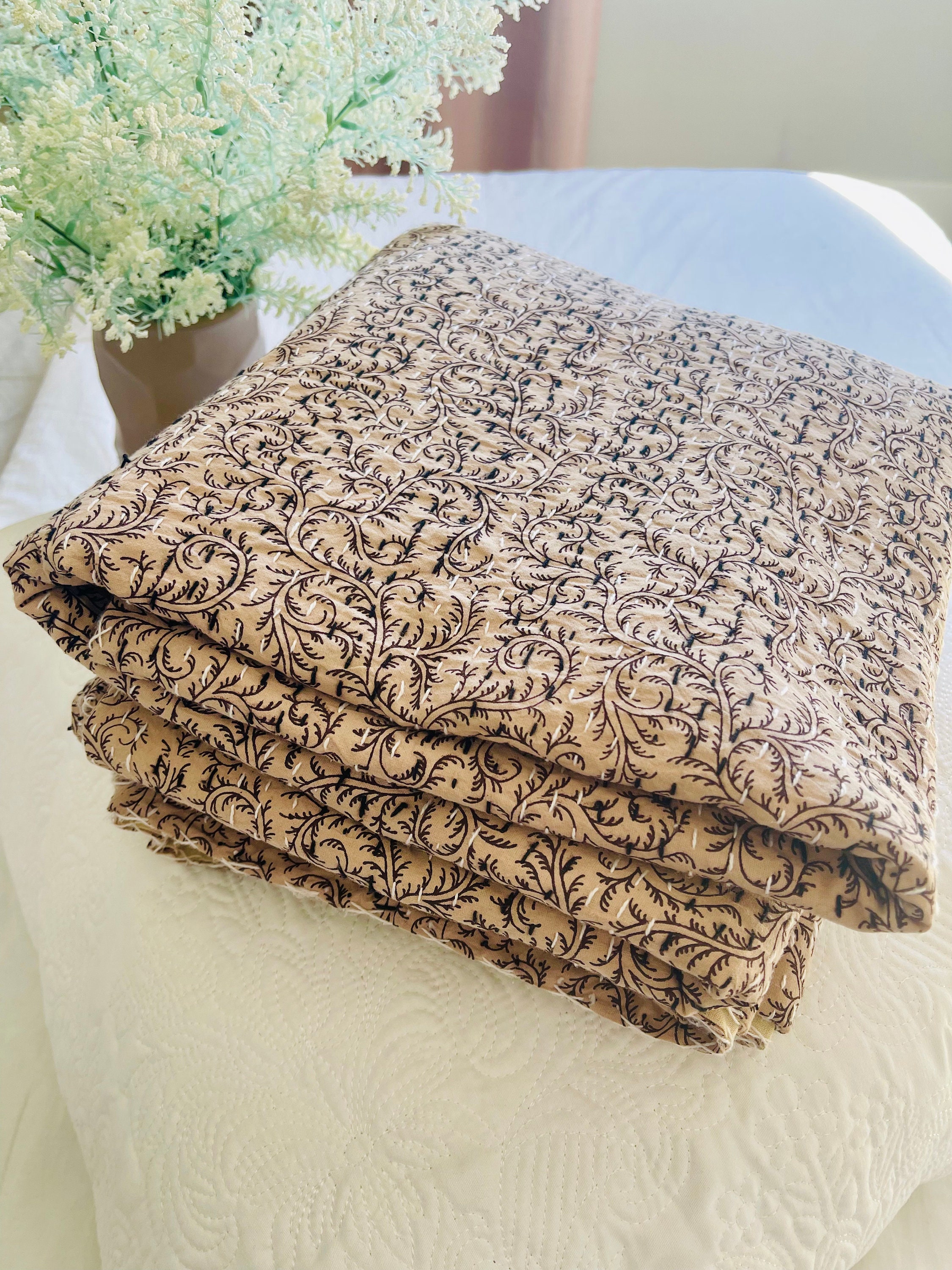 Hand Crafted Cotton Kantha Quilt Beige and Black Block Print Etsy