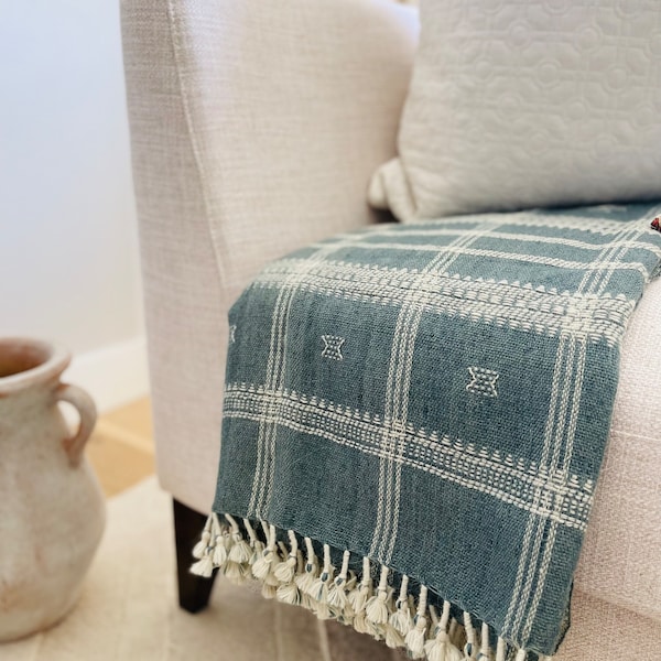 Indian Vintage Teal Wool Bhujodi Throw Handwoven Accent Farmhouse Decor Timeless blanket Contemporary style Moody Home