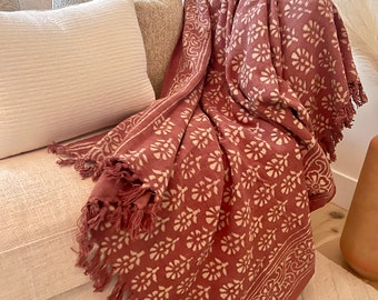 Boho Indian Mud Cloth Throw Blanket With Tassels Hand loomed Block Print Organic Cotton Sofa and Bed Throw Cozy Neutral Decor Vintage Throw