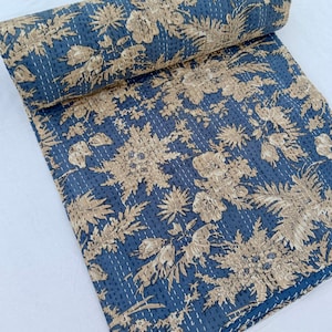 Hand Crafted Kantha Cotton Quilt Royal blue & Beige Floral Block Print Throw Blanket Bedding Bedspread