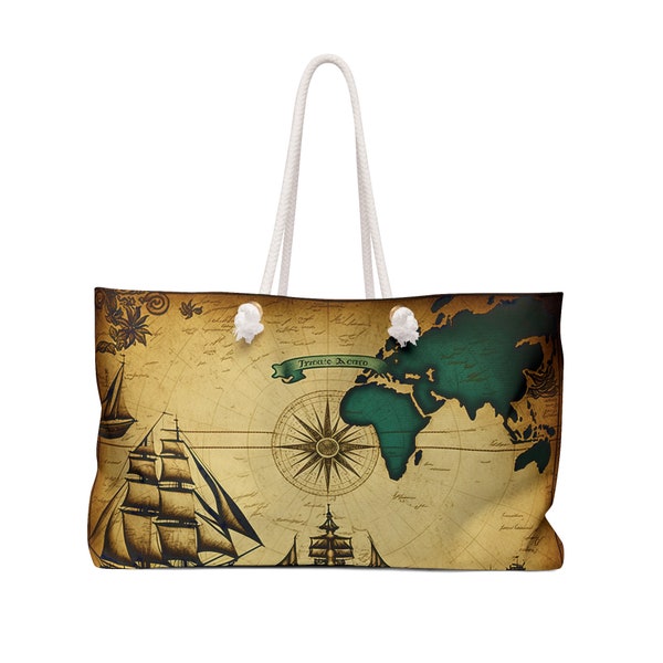 Bolsas de mano para el viajero. Bolsa de fin de semana Boho. Estética vintage. Bolsa de fin de semana con mapa del mundo