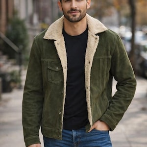 Men's Olive Green Suede Trucker Jacket: Sherpa Lined Winter Coat