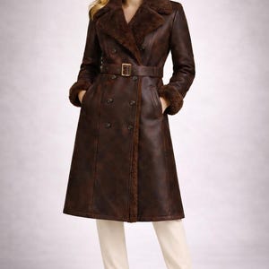 Women’s Long Brown Faux Shearling Coat – Real Leather Winter Jacket – Handmade Ethical Luxury Outerwear
