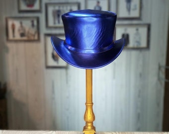 Blue Metallic Leather Top Hat Men & Womens - Classic Marlow Style Unbanded - Handmade Leather Hats