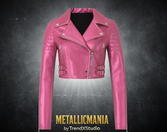 Women’s Pink Metallic Cropped Jacket – Real Leather Fitted Moto Style - Gift for Her
