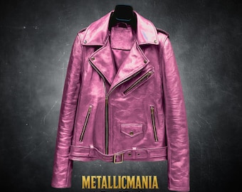 Metallic Pink Leather Jacket – Shiny Moto Biker Jacket for Women