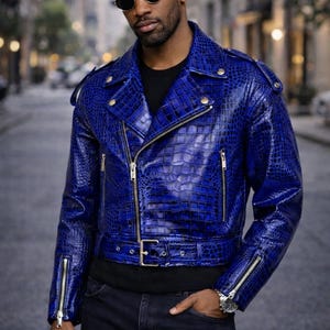 Blaue Kroko-Print Leder Moto Jacke im Biker-Stil Bild 1