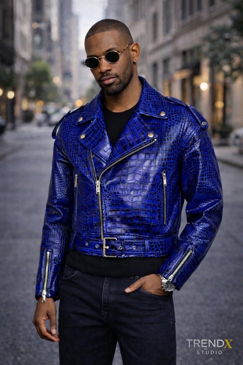 Blaue Kroko-Print Leder Moto Jacke im Biker-Stil Bild 1