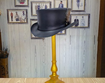 Black Leather Top Hat: Steampunk Style with Feather