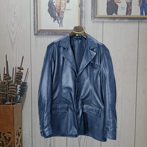 Men’s Navy Blue Leather Blazer – Handmade Sheepskin Jacket for Formal & Casual Wear – Soft Goatskin Coat!