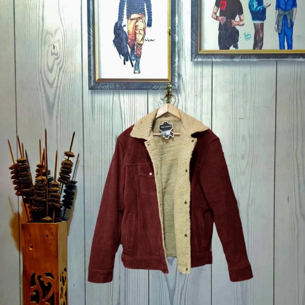 Men’s Navy Suede Trucker Jacket: Sherpa Lined Winter Coat