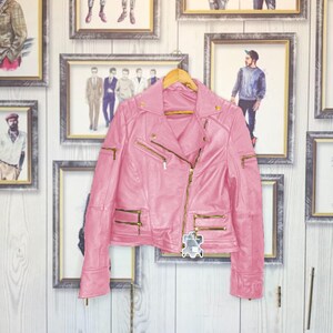 Women’s Cropped Pink Biker Leather Jacket – Modern Moto Style with Gold Zippers – Handmade Luxury Motorcycle Coat!