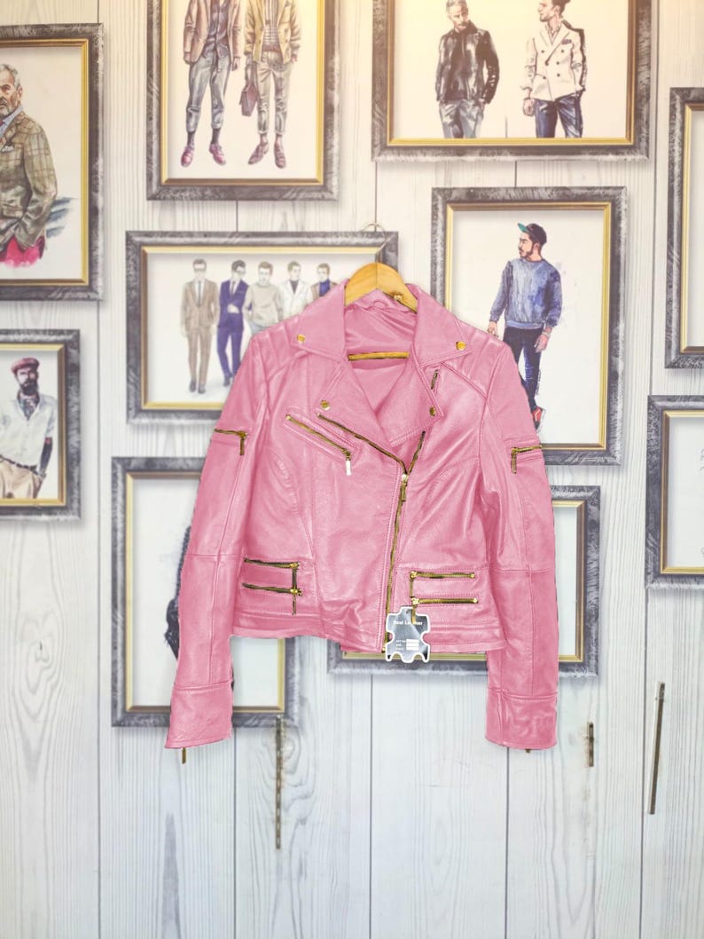 Women’s Cropped Pink Biker Leather Jacket – Modern Moto Style with Gold Zippers – Handmade Luxury Motorcycle Coat!