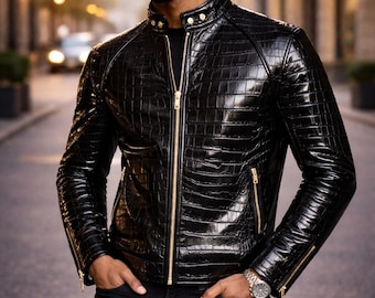 Mens Alligator Embossed Cafe Racer Jacket: Black Leather with Gold Hardware