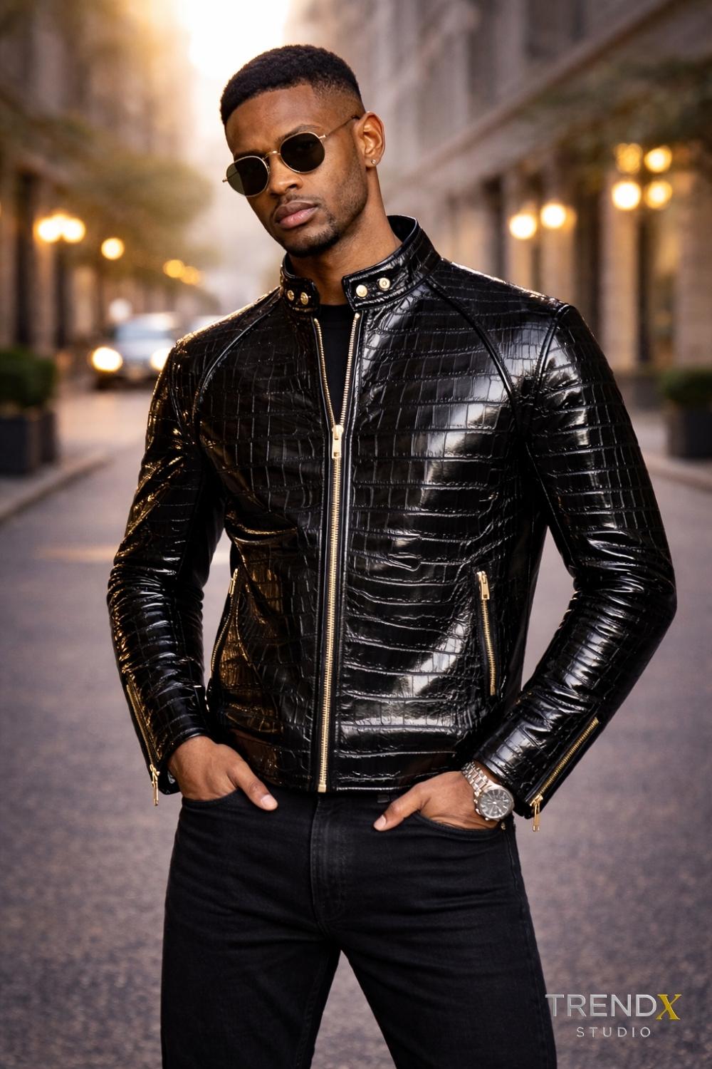 Mens Alligator Embossed Cafe Racer Jacket: Black Leather With Gold