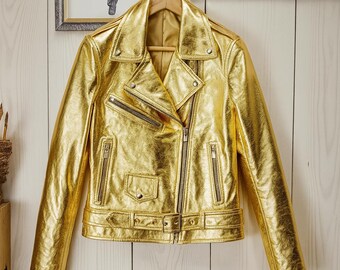 Gold Metallic Leather Jacket: - Unisex Shiny Moto Biker Coat - Etsy
