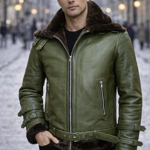 Men’s Olive Green Shearling Bomber Jacket: Genuine Leather, Winter Warmth
