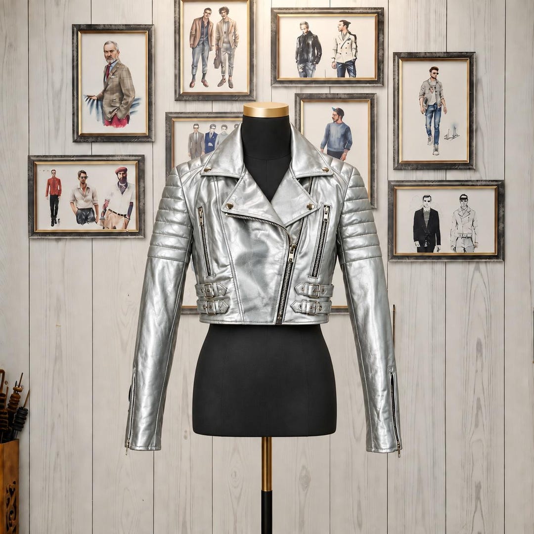 Women's Silver Metallic Cropped Jacket – Real Leather Fitted Moto