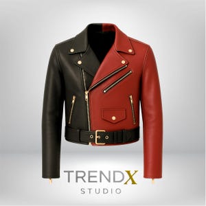 Op de afbeelding: Een tweekleurige leren jas, verticaal verdeeld in zwart en rood. De jas heeft een klassieke bikerstijl met een reverskraag, asymmetrische rits en een ceintuur in de taille. Goudkleurige hardware accentueert de ritsen en drukknopen. De tekst "TRENDX STUDIO" staat onderaan.