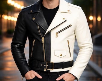 Giacca in pelle nera e bianca – Dettagli dorati – Biker bicolore di tendenza / Streetwear autunnale di lusso