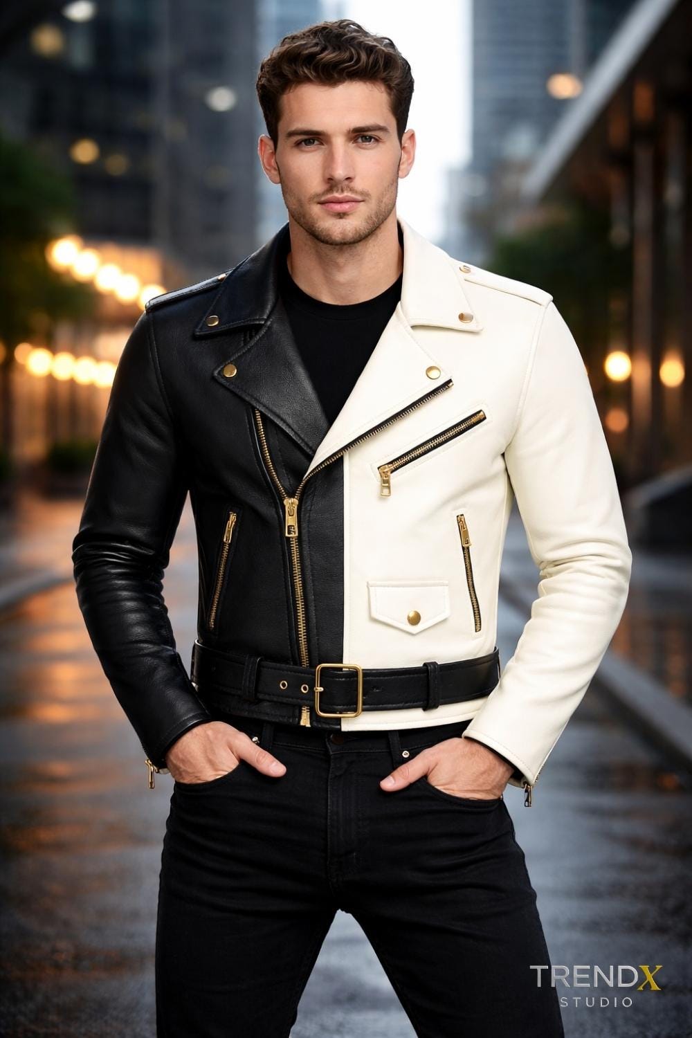 Black and White Leather Jacket – Gold Hardware – Statement Two