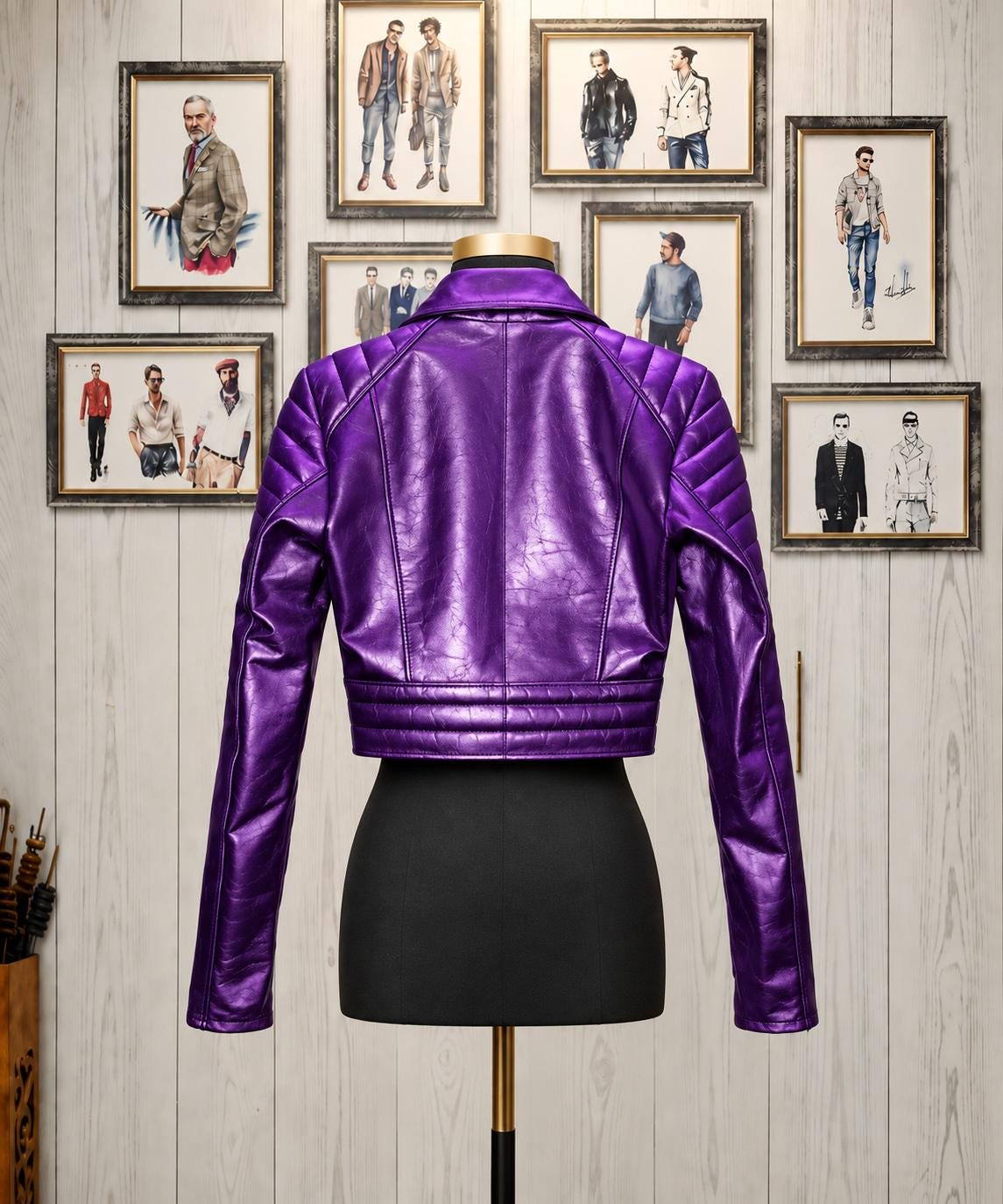 Women's Purple Metallic Cropped Jacket – Chic Leather, Fitted Moto