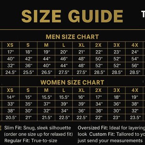 May include: A size guide chart with measurements for men and women's clothing, including shoulder, chest, bottom, and sleeve dimensions in inches. The chart also includes fit guide information.