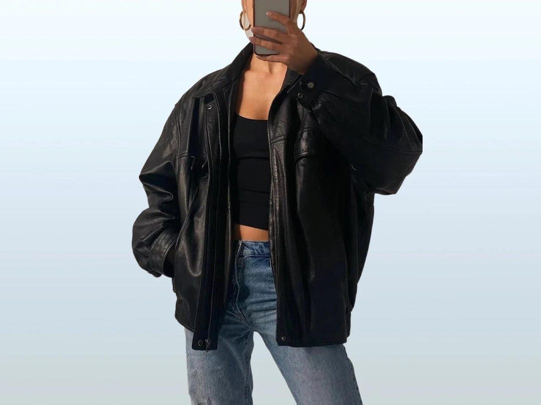 ジャケット・アウター 80s vintage leather bomber jacket y2k Vintage Oversized Black Leather Bomber Jacket: 80s Style - Etsy Canada
