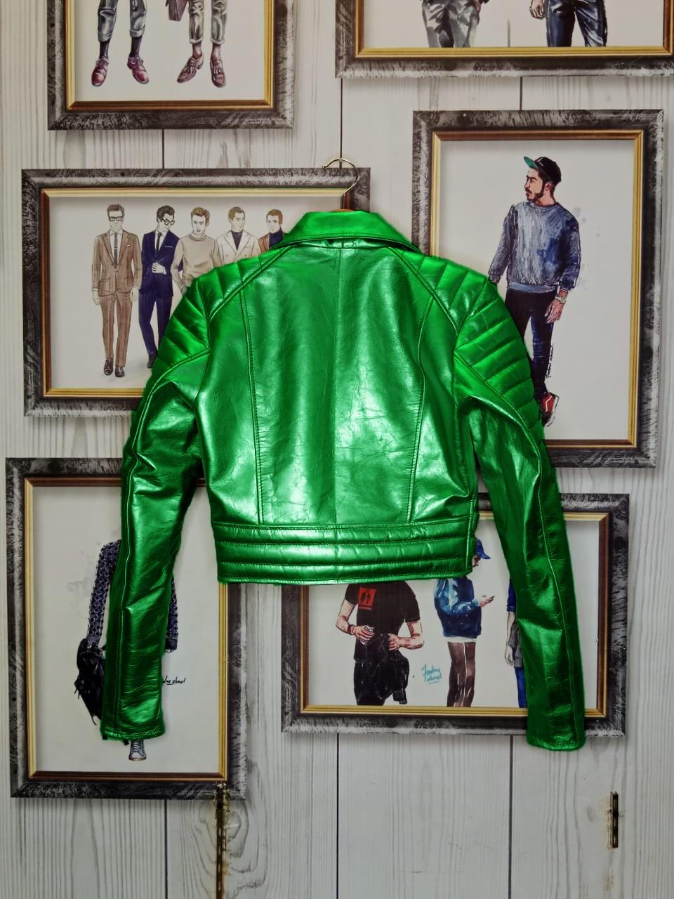 Women's Metallic Green Cropped Jacket: Chic Leather Trendy Fitted