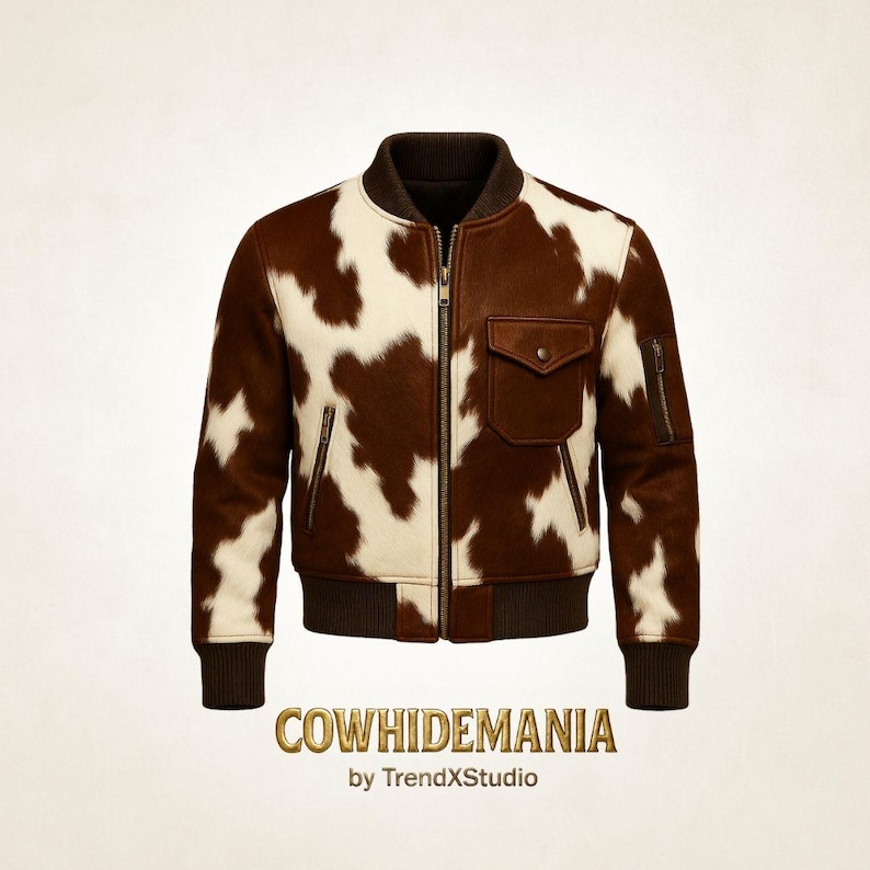 Op de afbeelding: Een bruin en wit koeienhuid bomberjack met een ritssluiting, twee zijzakken en een kleine borstzak. De jas heeft bruine geribbelde manchetten en een bruine kraag. De tekst "COWHIDEMANIA by TrendXStudio" staat onderaan.