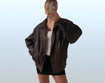 Vintage Oversized Brown Leather Bomber Jacket: 80s Retro Style - Etsy