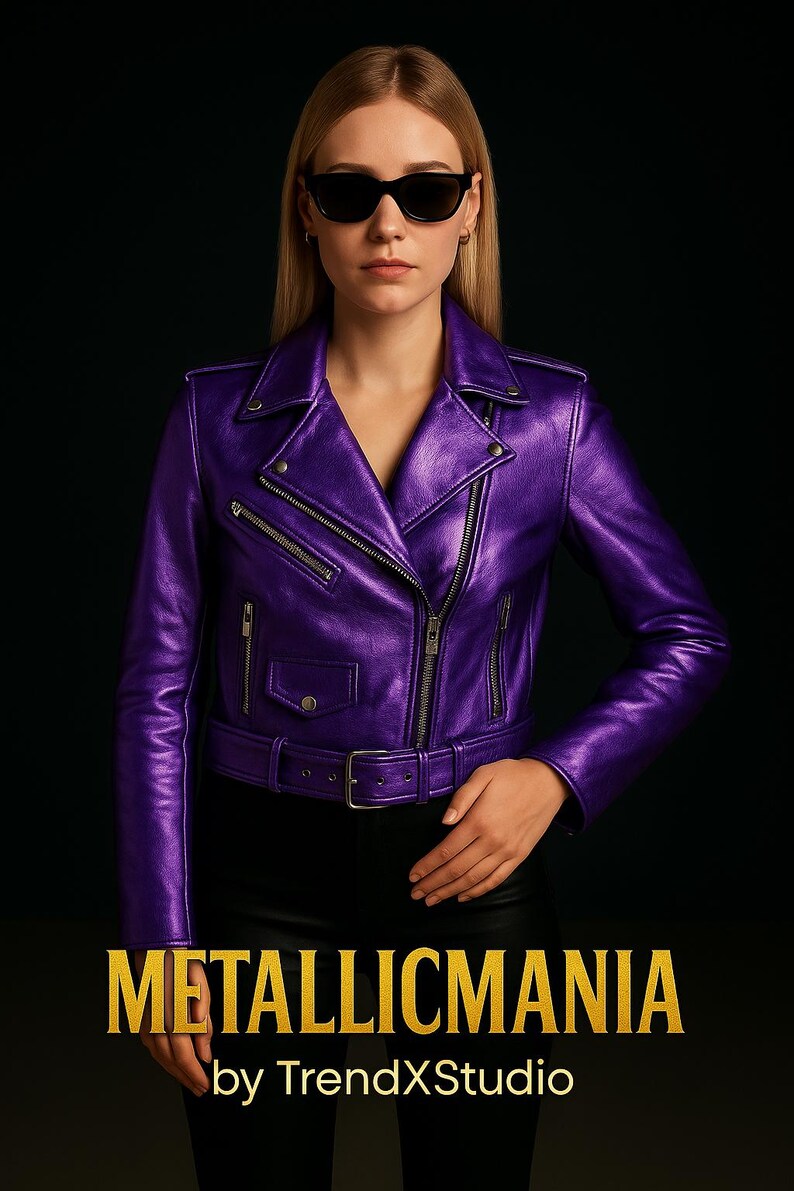 Metallic Purple Leather Moto Jacket: Women's & Men's Shiny Biker Jacket image 6