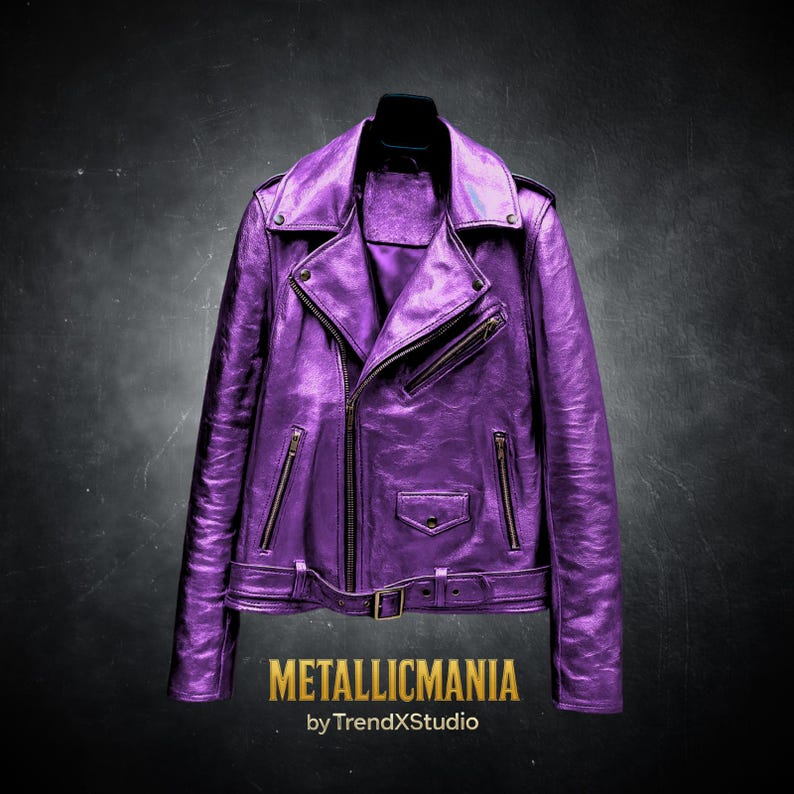 Purple Metallic Leather Moto Jacket – Unisex Biker Style with Shiny Finish (XS to 5XL) | MetallicMania by TrendXStudio | Festival & Streetwear Fashion
