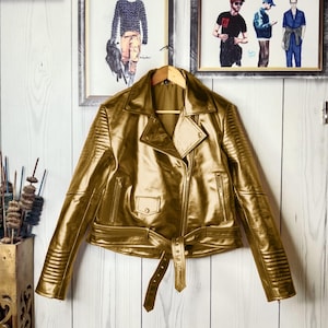 Veste motard en cuir métallisé doré pour femme et homme - Bras matelassés, veste tendance brillante et coupe slim en 8 couleurs