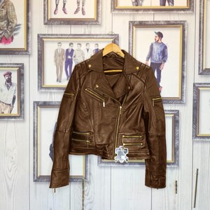 Women’s Cropped Brown Biker Leather Jacket – Modern Moto Style with Gold Zippers – Handmade Luxury Motorcycle Coat!