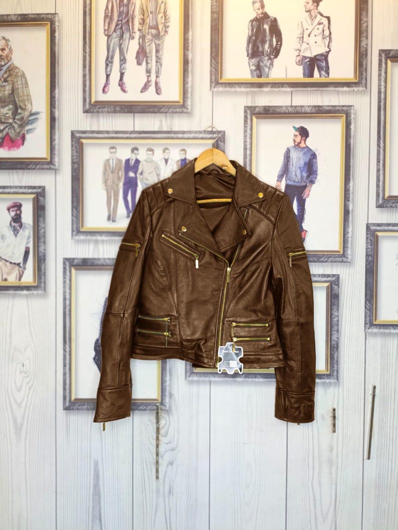 Women’s Cropped Brown Biker Leather Jacket – Modern Moto Style with Gold Zippers – Handmade Luxury Motorcycle Coat!