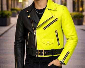 Giacca in pelle verde neon e nera – Hardware dorato – Stile moto bicolore / Moda da strada