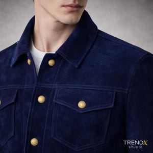 May include: A navy blue suede jacket with four front pockets and gold-coloured buttons. The jacket has a classic collar and is worn over a white t-shirt. The image is from Trendx Studio.