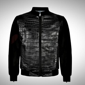 Men’s Black Croc Bomber Jacket – Fusion Racer with Ribbed Cuffs, featuring crocodile-print leather, bomber-style fit, and modern ribbed cuff detailing.