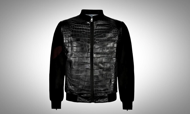 Men’s Black Croc Bomber Jacket – Fusion Racer with Ribbed Cuffs, featuring crocodile-print leather, bomber-style fit, and modern ribbed cuff detailing.
