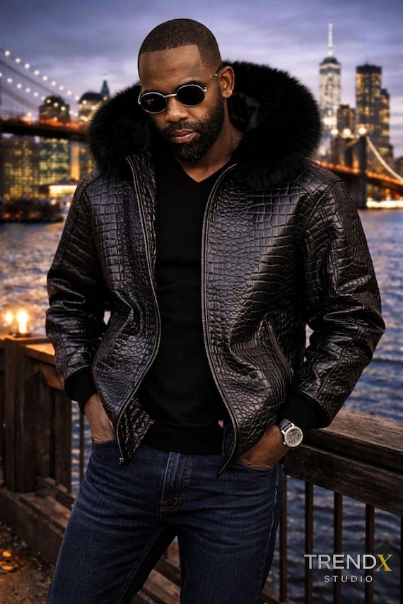 Men's Real Leather Alligator Embossed Bomber Jacket With Fur Hood