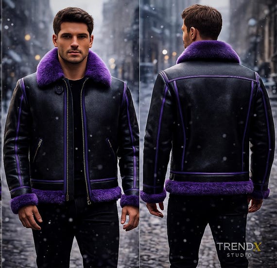 Black & Purple Fur Leather Aviator Jacket – Men's Runway Edition