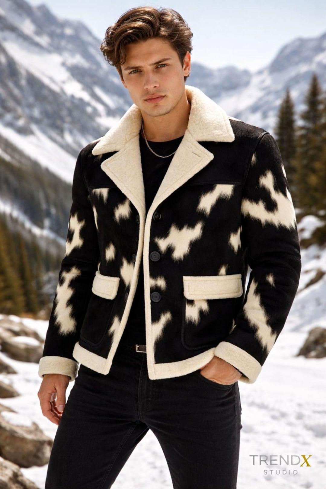Black Cowhide Ranch Coat – Real Hair-on Cow Print Shearling Trim