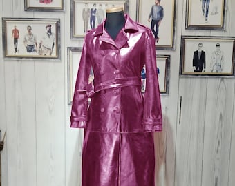 Metallic Purple Leather Trench Coat: Vintage-Inspired Double Breasted  Belted Coat