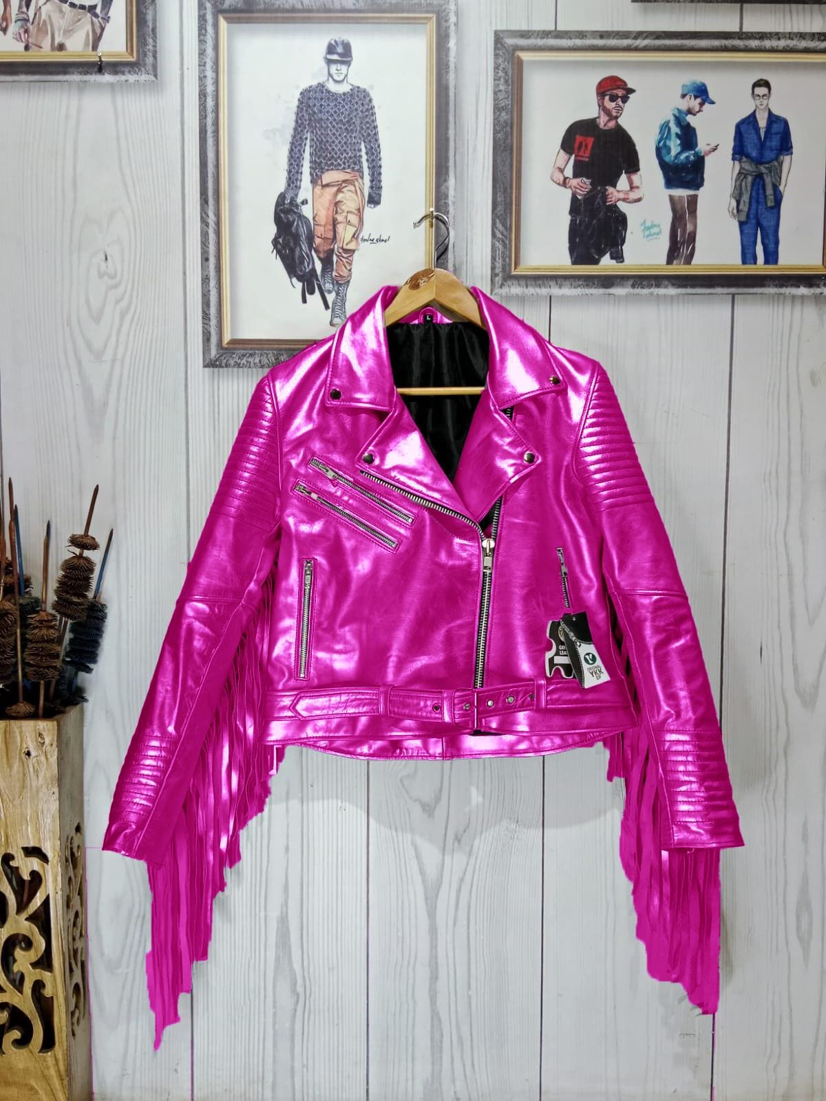 Fransenjacke Bomberjacke Damen Metallic Trendige Lederfransen