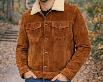 Mens Brown Suede Jean Jacket Shearling Collar | Western Trucker Style