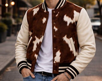 Hair-On Cowhide Varsity Jacket: Western Rodeo Bomber with White Sleeves