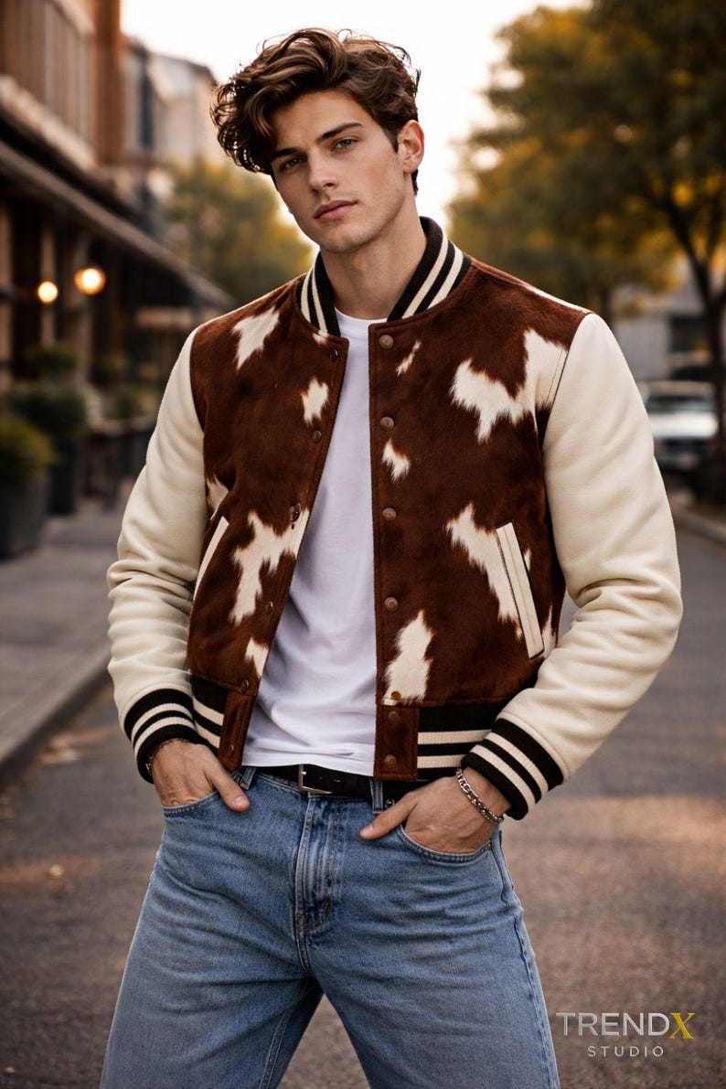 毛付き牛革バーシティジャケット：白い袖のウエスタンロデオボンバージャケット Brown Varsity