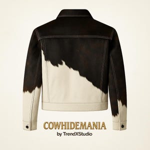 May include: A cowhide jacket with a black and white pattern. The jacket has a classic design with a collar, button closures, and white stitching. The text "COWHIDEMANIA by TrendXStudio" is at the bottom.